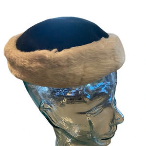 vintage black wool and white faux fur trim pill box hat